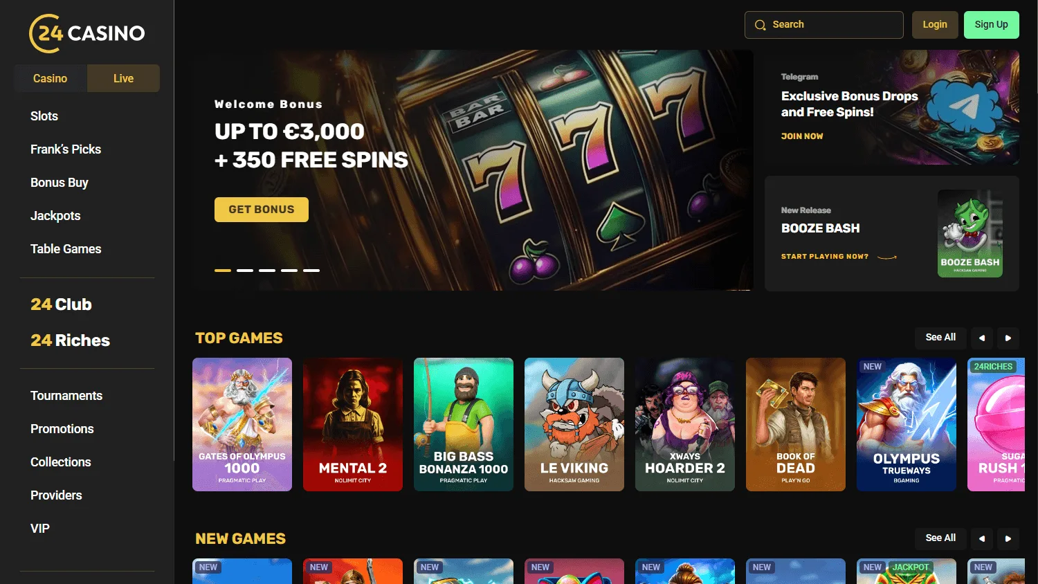 24Casino desktop home screen with casino offers and account features