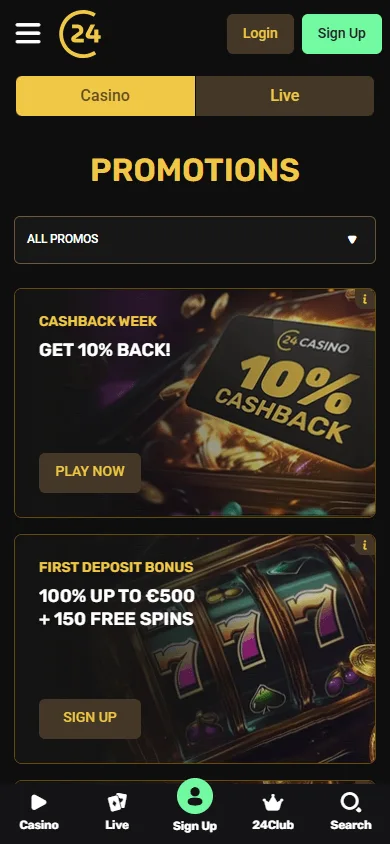 24Casino mobile promotions area with bonuses and loyalty rewards