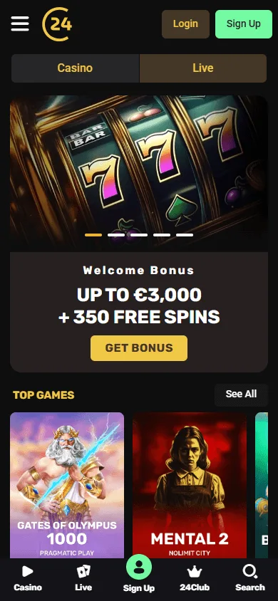 24Casino home experience optimised for a mobile device