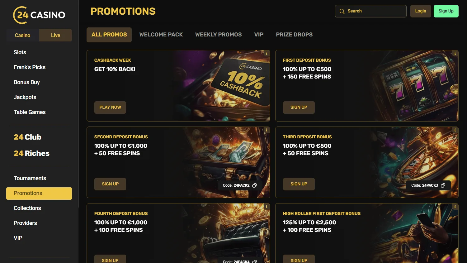 24Casino desktop promotions area with welcome offers and rewards